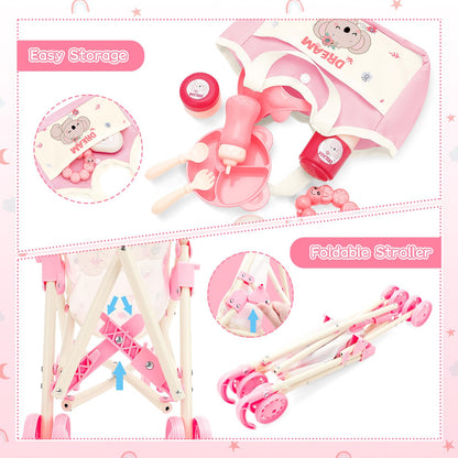 deAO Baby Doll Stroller Toys with 12" Baby Doll Accessories Crib Bed High Chair Nursery Role Play Set Play Mat,Travel Cot,Bouncer,Foldable Stroller,Travel Bag, Birthday Gifts for Toddlers Girls Boys