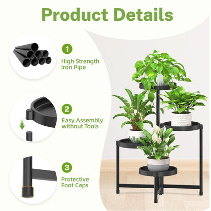 iDavosic.ly 4 Tier Folding Plant Stand Indoor Outdoor with Plastic Tray, Tiered Corner Flower Holder Shelf, Metal Orchid Display Rack for Patio Porch Living Room Garden Balcony, Modern Black