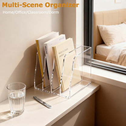 YUXUN Clear Acrylic File Folder Holder - 4 Vertical Compartments Desk Document Sorter, Upright Magazine Rack for Office/Home/Classroom, Stores Documents, Tablets, Magazines, Books & Accessories