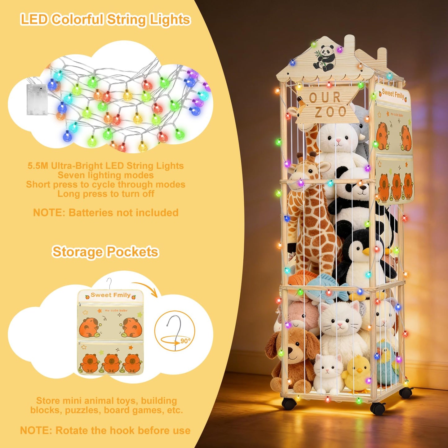 Stuffed Animal Storage, Extra Large Stuffed Animal Organizer with Wheels, Wooden Tall Animal Zoo Display Tower, Plushies Toy Holder with Lights and Pockets for Nursery, Playroom, Bedroom
