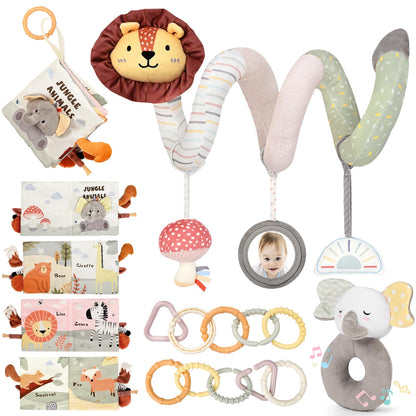 Joyreal Spiral Car Seat Toys with Jungle Soft Book, Plush Rattles and Linking Rings, Stroller & Travel Toy for Newborns and Infants 0-12 Months Girls Boys