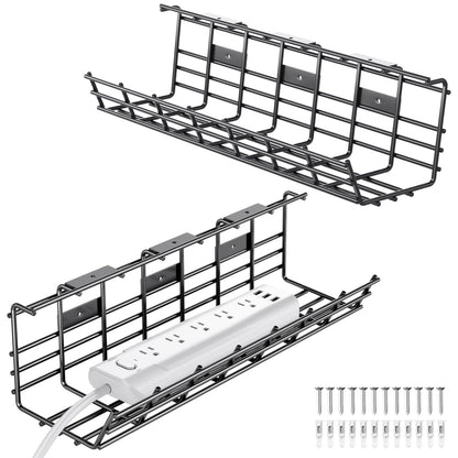 2 Pack DELAMU Under Desk Cable Management Tray, Large Metal Cord Organizer, Office & Home Cord Wire Management Under Desk Shelf, Easy Install Pre-drilled Cable Organizer, Black
