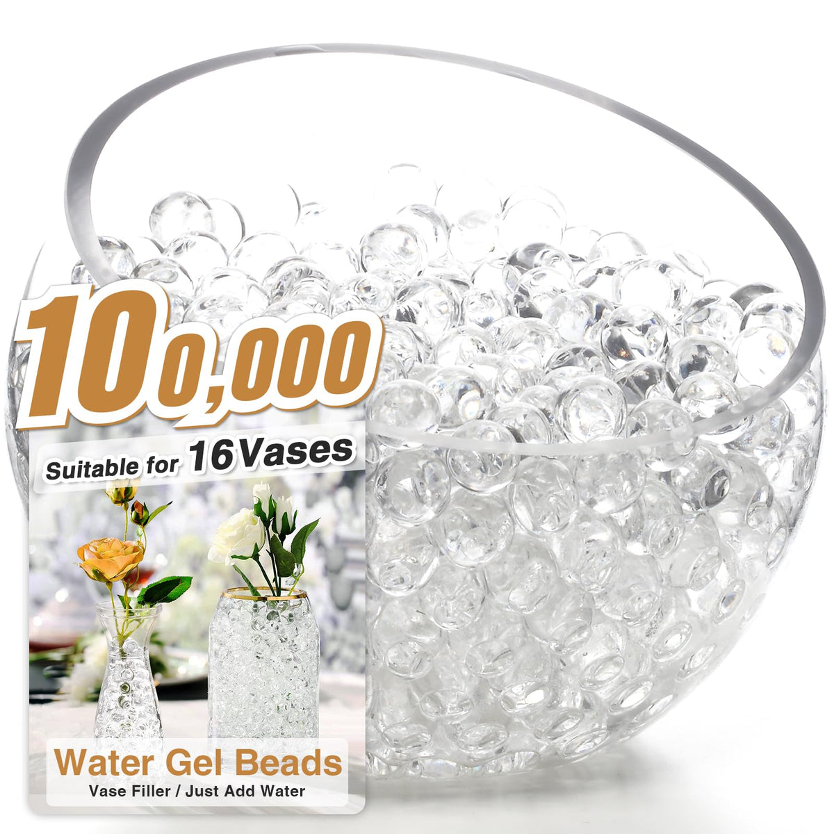 NOTCHIS 100,000 Clear Water Gel Beads for Vases, Transparent Water Gel Beads for Vase Filler, Candles, Wedding Centerpiece Floral Decorations