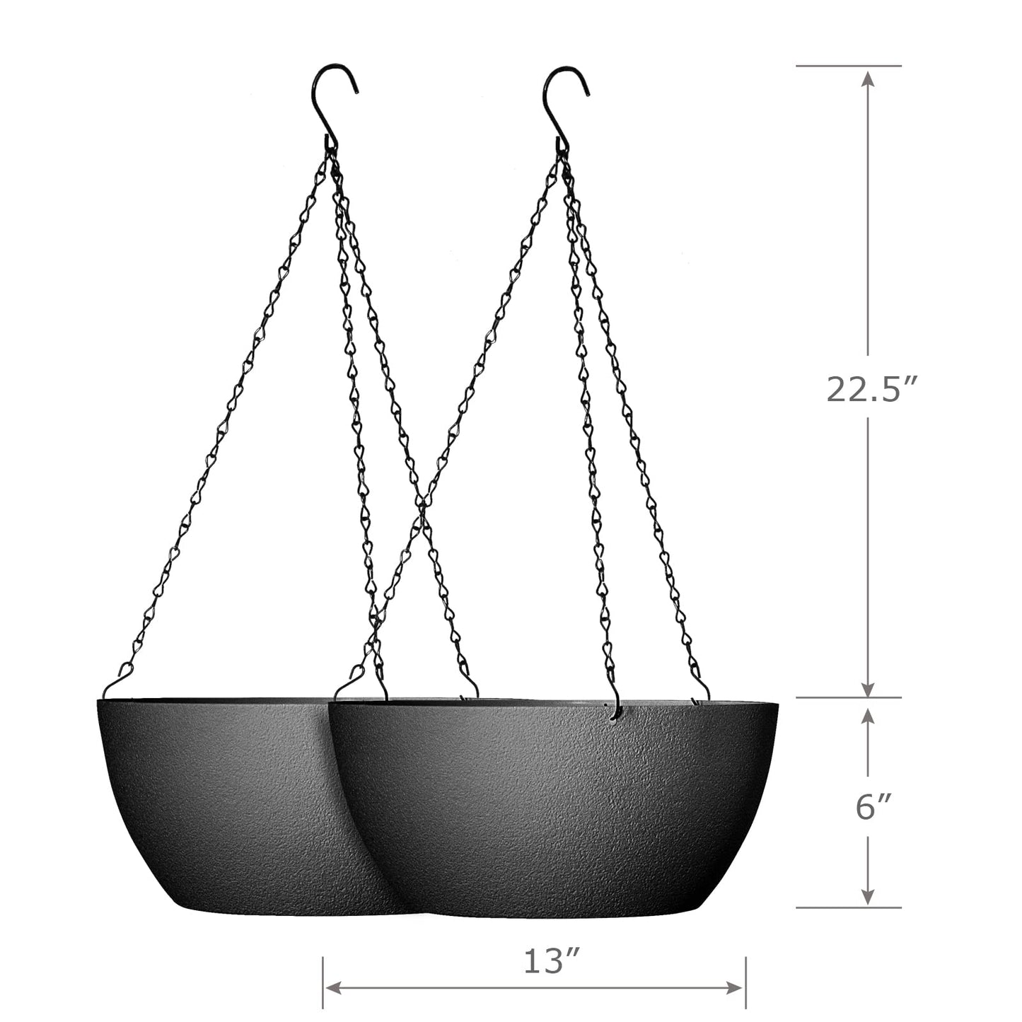WSMKSZ 13 inch Large Hanging Planters Plant Pots for Outdoor Indoor Plants with Drainage Holes and Chain, 2 Pack Round Hanging Flower Pots for Garden Home Porch Decor, Black