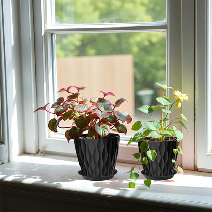 zople 6 Pack 7 Inch Plant Pots with Drainage and Saucers, Black Plastic Flower Pots for Indoor and Outdoor Plants, Stackable Nursery Planters for Houseplants and Herbs, Black
