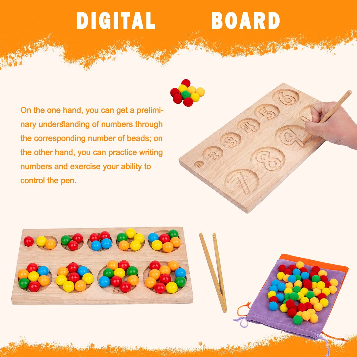 Adena Montessori Wooden Peg Balls Double-Sided Rainbow Beads Game Counting Matching Game Bead Counting Fine Motor Skill Montessori Toys Early Montessori Sorting Toys