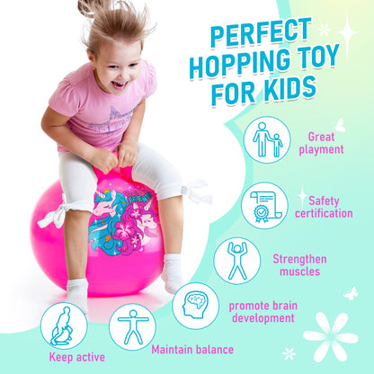 U&C Planet Hopper Ball,18 inches Bouncy Ball with Handle for Kids Age 3-6, Sit on Bounce Jumping Hopping Toy with Pump, Great Toddler Girls Toys for Birthday Gifts, Pink Unicorn