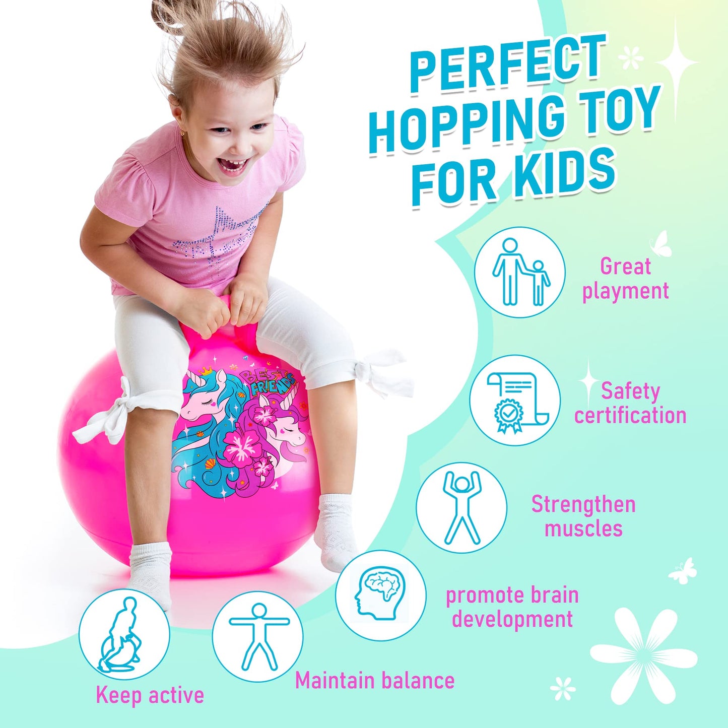 U&C Planet Hopper Ball 20 inches Bouncy Ball with Handle for Kids Age 5 6 7 8 9, Sit on Bounce Jumping Hopping Toy with Pump, Great Toddler Girls Toys for Birthday Gifts, Pink Unicorn