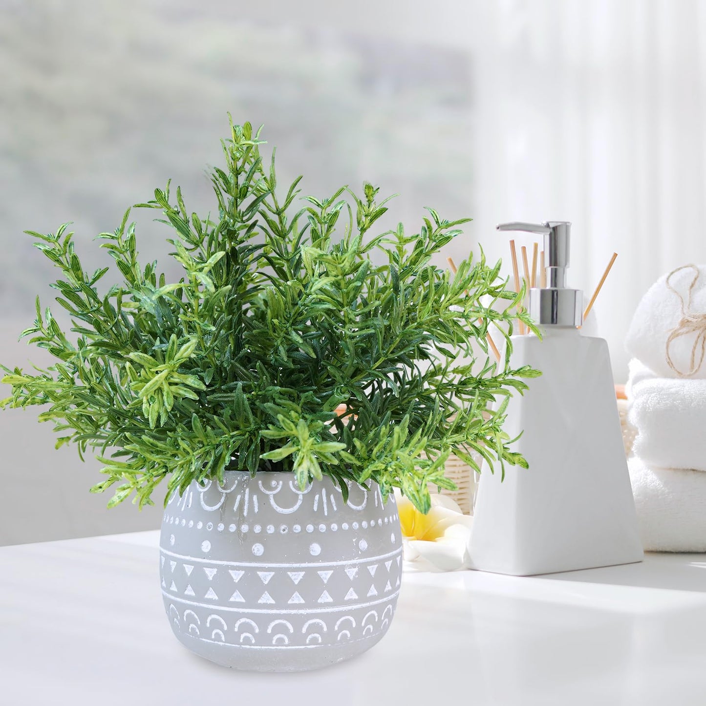 Winlyn Faux Potted Plants Set of 3 – Artificial Lavender Flower, Rosemary, Boxwood in Gray Geometric Concrete Pots for Wedding Home Living Room Table Centerpiece Windowsill Shelf French Boho Décor