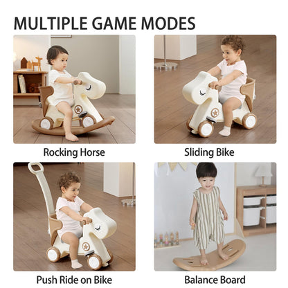 Deer COCO 4 in 1 Rocking Horse for Toddlers 1-3, Baby Ride On Toys with Balance Board & Push Handle, Convertible Push Car, Birthday Gift for 1 Year Old Boys Girls (Tan)