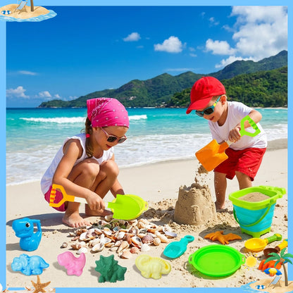 Guiqulai Beach Toys, Dinosaur Sand Toys Include Molds Foldable Bucket Mesh Storage Bag Shovels Dump Truck, Summer Sand Toys for Toddlers Kids