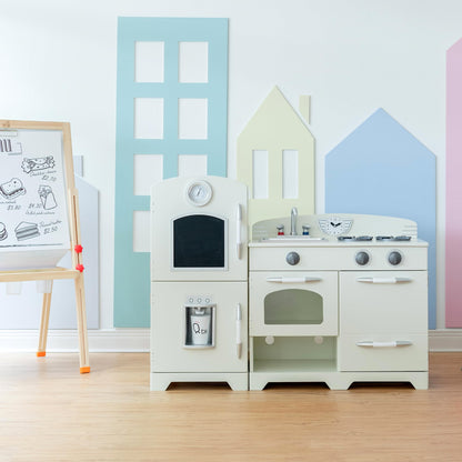 Teamson Kids Little Chef Fairfield Retro Modular Interactive Wooden Play Kitchen with Refrigerator, Sink, Stove, and Storage Space for Easy Clean Up, Off-White with Chrome Accents