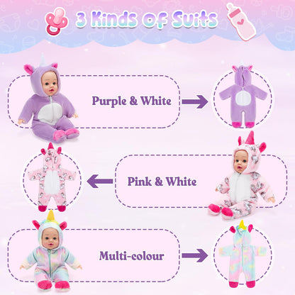 deAO 12 Inch Soft Baby Doll Backpack Glow in Dark Carrier Playset Toys Baby Care Toys Set with 12''Doll Clothes Bottle Accessories Birthday Gift for Toddlers Boys Girls