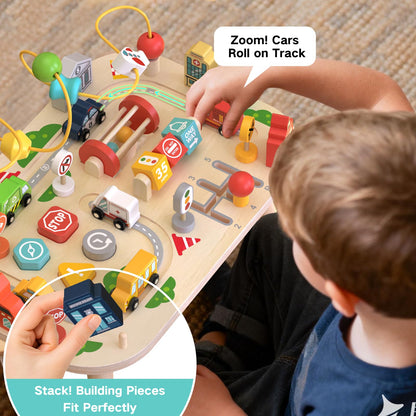 Wooden Montessori Activity Table for Toddlers, Baby Busy Table with Bead Maze, Shape Sorter, Cars & Road Signs, Traffic Learning Activity Center Sensory Toys for Birthday Gift Boys Girls 1+ Year Old