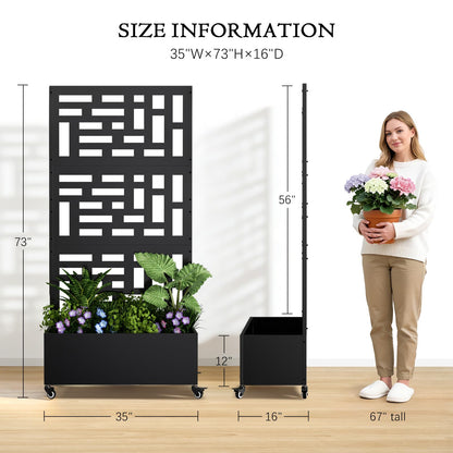 Baotree Metal Raised Garden Bed with Trellis and Wheels, 72"x 35"x 16" Privacy Planters for Patio, Planter Box with Drainage Holes for Climbing Plants, Flower, Vegetable (Black-Helen)