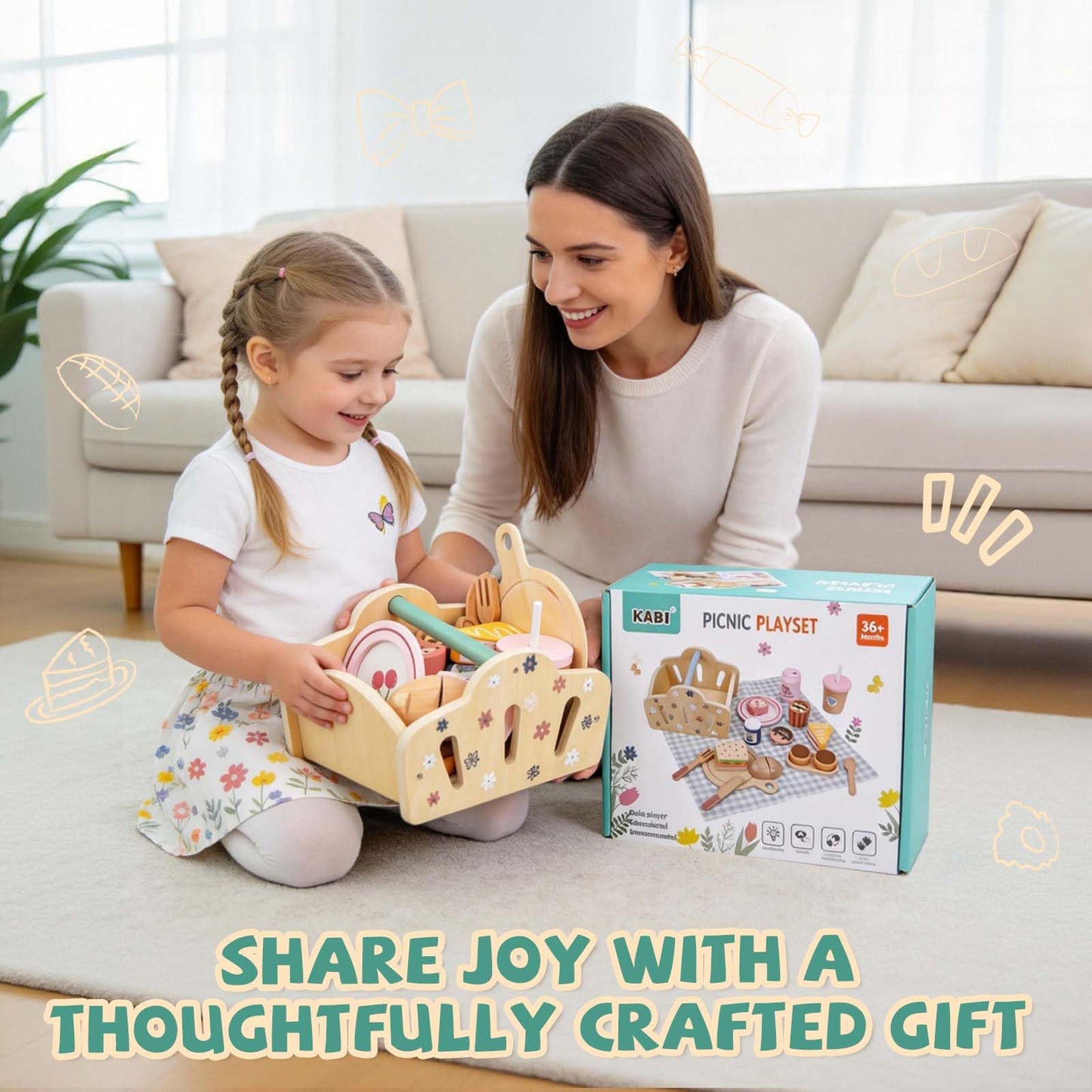 Potatomato Wooden Picnic Playset for Toddlers - 25+ Pcs Play Food Set with Cutting Desserts&Functional Basket - Montessori Pretend Play Kitchen Accessories-Birthday Gift for Girls Boys