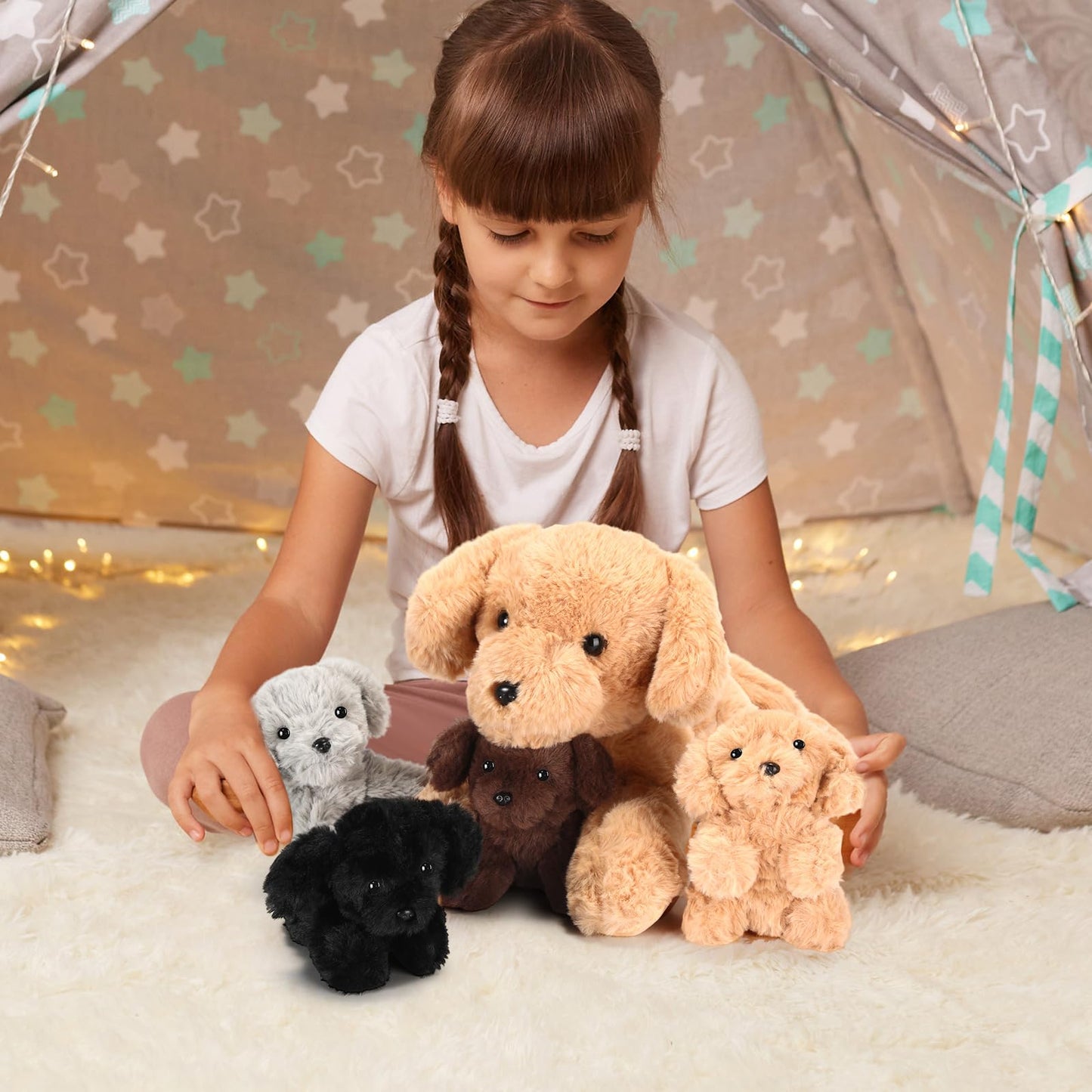 Skylety 5 Pcs Dog Stuffed Animal Puppy Stuffed with Babies Inside 1 Big Mommy with 4 Mini Baby Cute Soft Toy for Children Birthday Party Adopt a Puppy Favor(Lying Labrador)