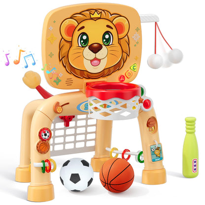 HYES Toddler Basketball Hoop Tball Set & Soccer Goal - Lion Sport Toys for 1 Year Old Boy with Learning Activities (Abacus/Alphabet/Animals Sounds) Christmas Birthday Gifts for Baby Boy Age 1 2 3