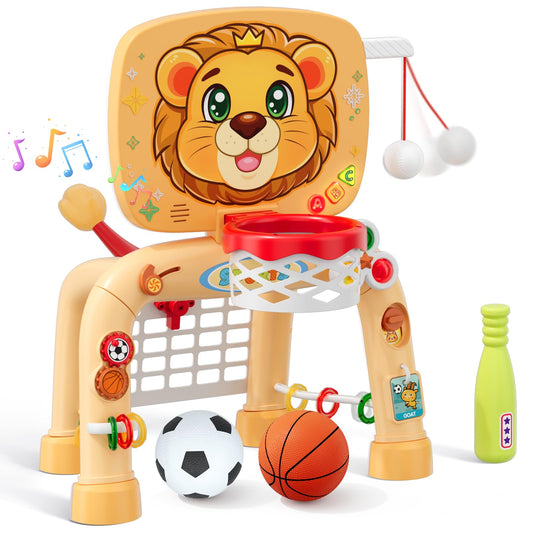 HYES Toddler Basketball Hoop Tball Set & Soccer Goal - Lion Sport Toys for 1 Year Old Boy with Learning Activities (Abacus/Alphabet/Animals Sounds) Christmas Birthday Gifts for Baby Boy Age 1 2 3
