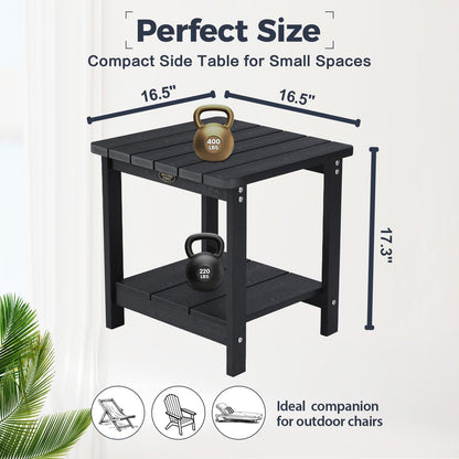 Square Outdoor Side Table Adirondack Side Table, Water-resistant & 2-Tier Small End Table for Patio, Beach Chair & Poolside, Bedside Table for Living Room & Bedroom, Easy Assembly, Black