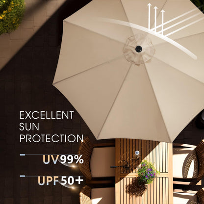 wikiwiki 9FT Patio Umbrella with Base, Outdoor Umbrellas with Base Included, 8 Sturdy Ribs, Waterproof Fade Resistant POLYESTER DTY Canopy for Deck, Lawn, Garden, Backyard & Pool, Beige
