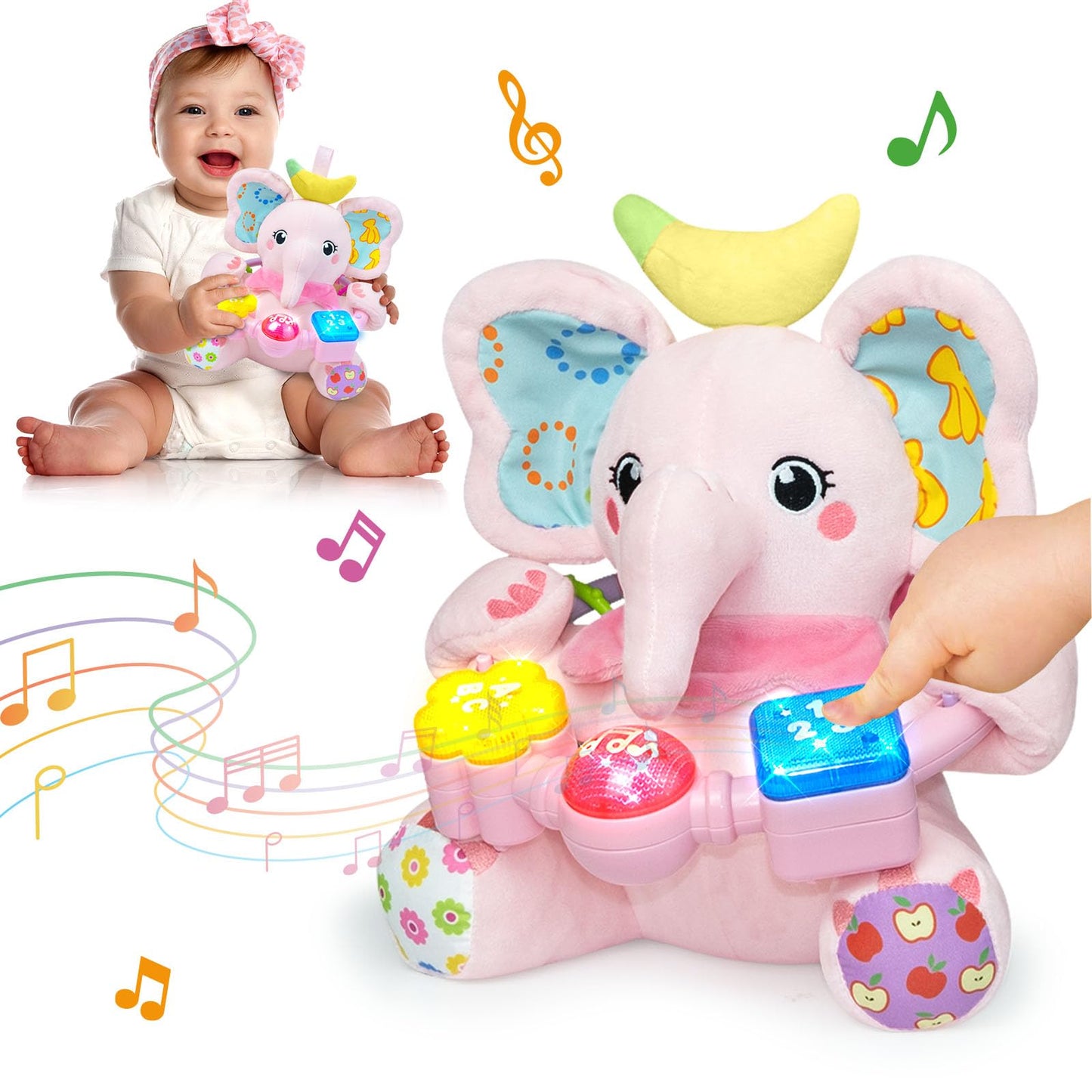 Ryotagift Baby Bilingual Musical Elephant Stuffed Animals Toys, Infant Early Learning Toy with Light-Up Music & Crinkle, Tummy Time Toys for 0 3 6 9 12+ Months for Baby Boy Girl Gift, Pink