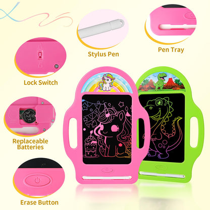 2 Pack 8.5 Inch LCD Writing Tablet for Kids 2-6, Dinosaur & Unicorn Doodle Board with Handle, Travel Car Toy for Twins Siblings, Educational Gift for Boys Girls