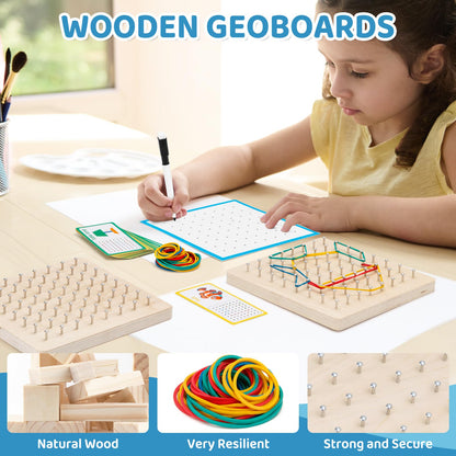Zycolo 2Pack Wooden geoboards with Rubber Bands Montessori Toys, Mathematical Education Toy for Kids with Pattern Cards and geo Boards to Figures and Shapes, Brain Teaser STEM Toys for Classroom.