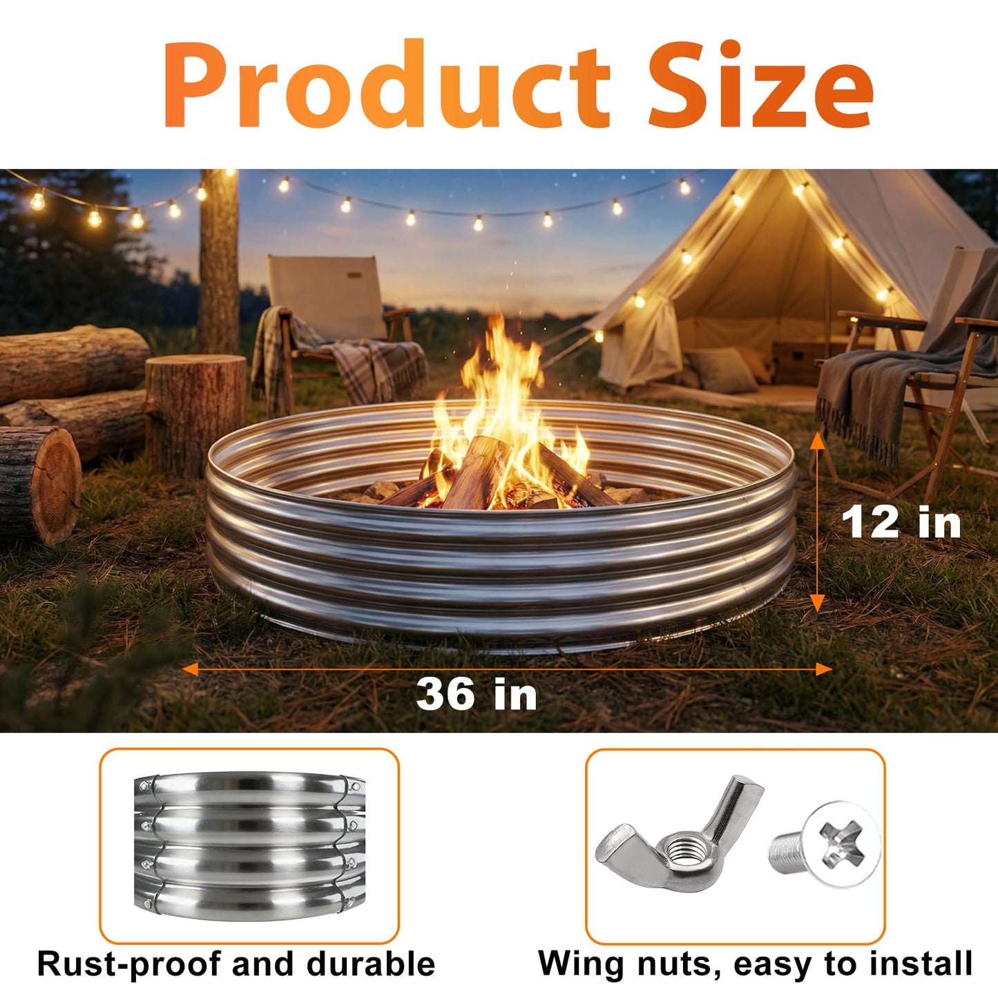 Fire Pit Ring for Outside Wood Burning, 36in Outdoor Fire Pit, Heavy Duty Steel Burn Pit for Backyard, Camping, Bonfire, Modern Style Large Metal Fire Pit Ring