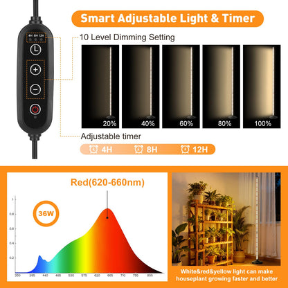 BlumWay 65 Inch Grow Lights for Indoor Plants,36W,660nm+3000K+6000K, 336 LEDs Full Spectrum LED Standing Plant Lights with 2 Timers and 10 Level Dimming Detachable Plant Growing Lamps for Greenhouse