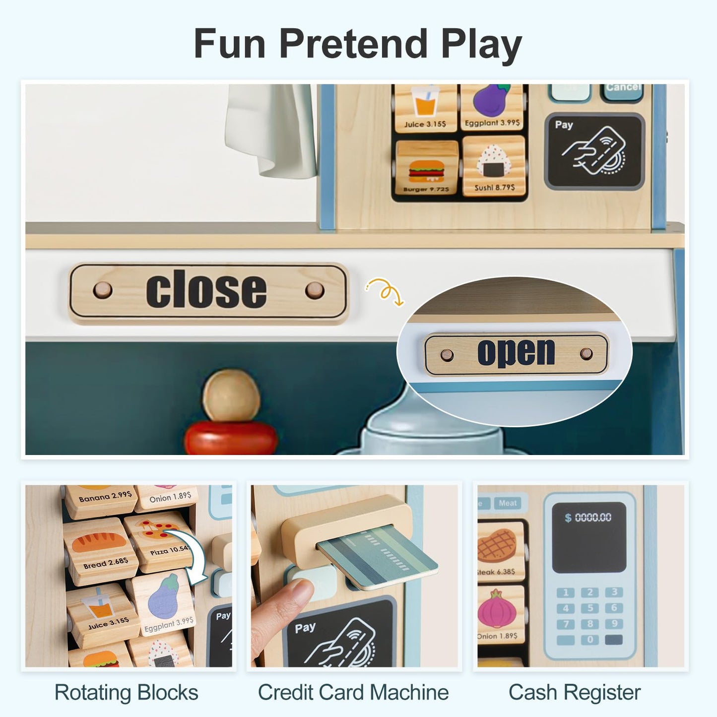 DREAM BUILDING Kids Grocery Store Pretend Play, Puppet Theater&Grocery Store Playset Toy Double-Sided, Toddler Supermarket Toy Cash Register w/Blackboard, Display Shelves, Gift for Boys Girls, Blue