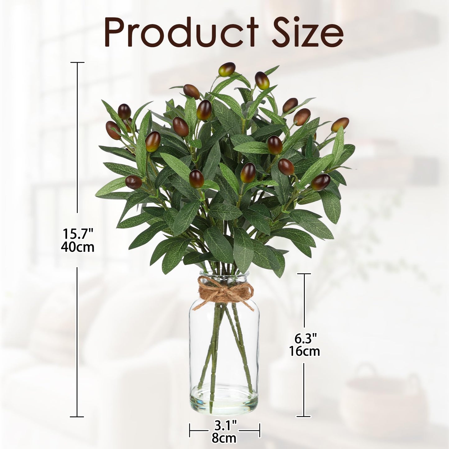 Hollyone Artificial Olive Branch in Glass Vase with Faux Water 15.7" Fake Plants Olive Leaves Stems for Indoor Shelf Desk Home Bathroom Wedding Table Centerpiece Decor