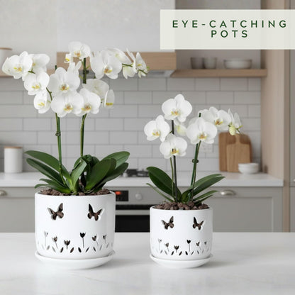 Thriving Thicket 2 Pack, 5 + 6 Inch White Orchid Pots with Butterflies and Tulips Holes and Saucer, Ceramic Orchid Planters for Repotting with Drainage Holes and Tray Indoor Outdoor, Butterfly Gift