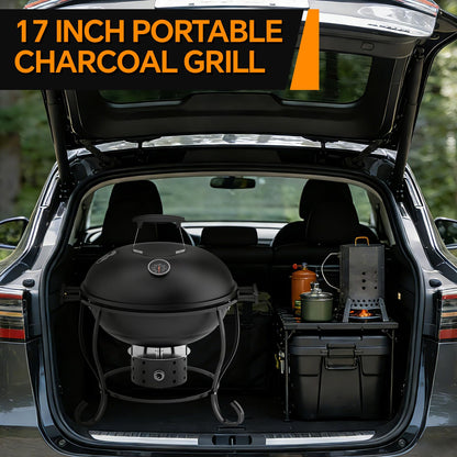 Portable Charcoal Grill with Fan-Assisted Airflow, 17-Inch Small Kettle BBQ Grill, Built-In Thermometer, Lift-Out Charcoal Tray for Camping, Tailgating, Patio, Backyard