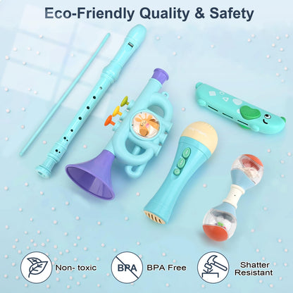 Musical Toys for 2 3 Year Old Boy Girl Birthday Gifts, 5 in 1 Montessori Musical Instruments for Toddlers 2-4 with Trumpet/Microphone/Flute/Harmonica, Preschool Learning Toys for Baby 18+ Months