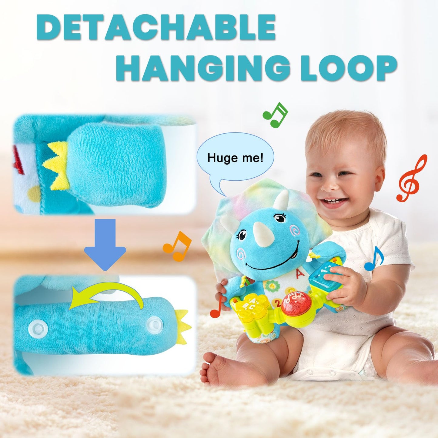 Ryotagift Baby Bilingual Musical Dinosaur Stuffed Animals Toys,Infant Early Learning Toy with Light-Up Music & Crinkle,Tummy Time Toys for 0 3 6 9 12+ Months for Baby Boy Girl Gift