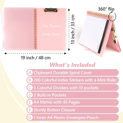 Clipboard Folio with Notepad, Multifunctional Clipboard Folder with Storage, 5 Folders with 11 Pockets, Waterproof Organizer with Refillable Notepad 40 Pages, Lightweight, Button Closure (Macron Pink)