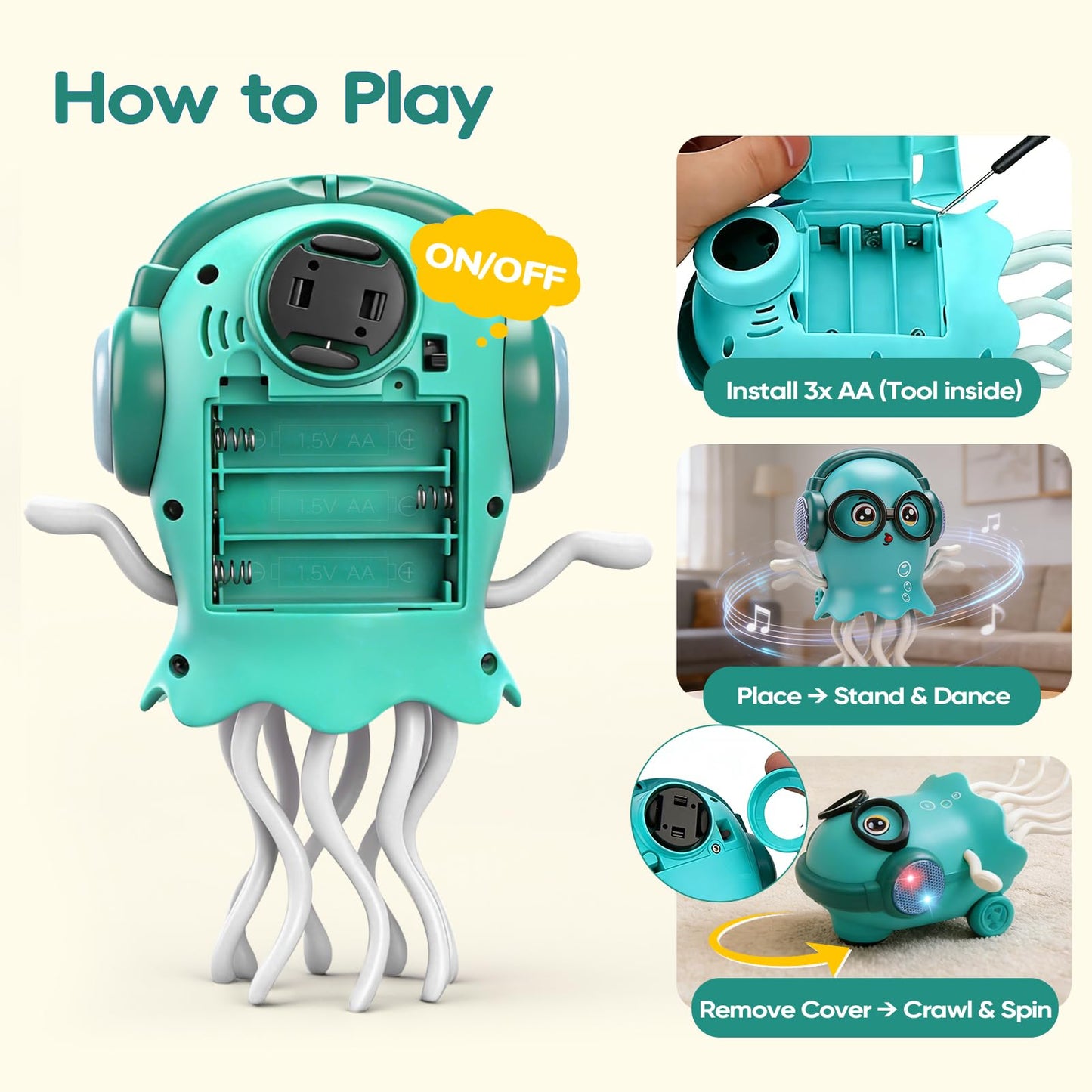 GONINO DJ Dancing Jellyfish Baby Toys, Musical Crawling Tummy Time Toys with LED Light & Smart Obstacle Avoidance, 360° Spin Sensory Toys for Toddlers, Kids Toys Birthday Gifts for Boys Girls, Green