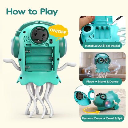 GONINO DJ Dancing Jellyfish Baby Toys, Musical Crawling Tummy Time Toys with LED Light & Smart Obstacle Avoidance, 360° Spin Sensory Toys for Toddlers, Kids Toys Birthday Gifts for Boys Girls, Green