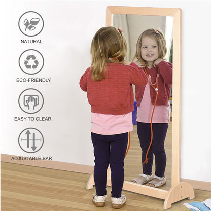 KRAND 3-Position Montessori Shatterproof Safety Baby Mirror w/Pull Up Handrail, Infant Coordination Mirror Set, Kid's Classroom Furniture for Nursery, Daycare, Homeschool or Preschool (Natural Pura)
