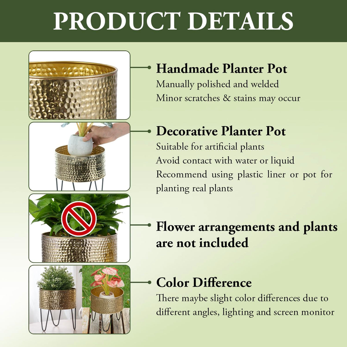 MyGift Modern Brass Tone Metal Planter Pots with Pebbled Texture, Hammered Plant Containers with Matte Black Wire Stands, 2 Piece Set, 8 and 10 Inch - Handcrafted in India