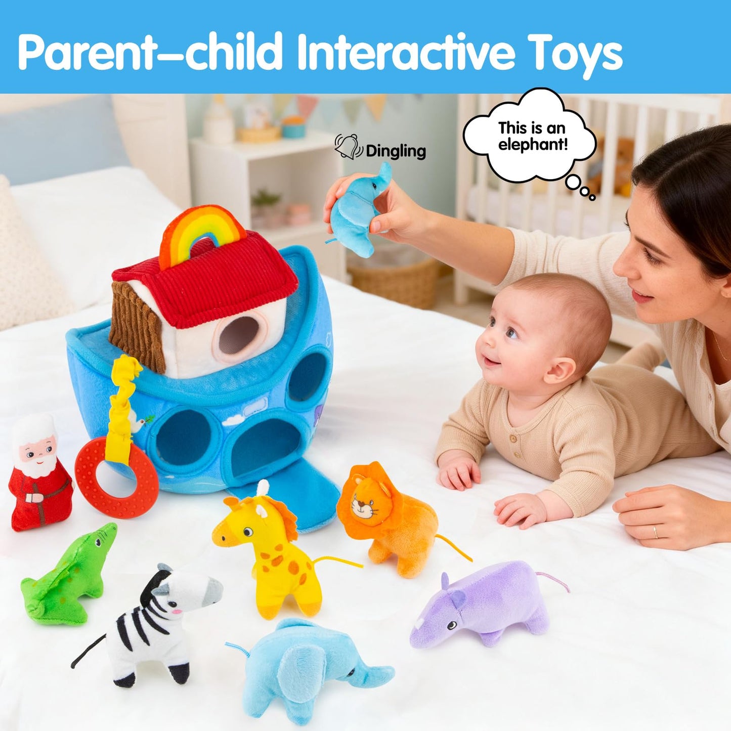 Baby Toys 6-12 Months - Noah's Ark Toy with Stuffed Animals, Baptism Gifts for Boys Girls, Montessori Toys for 6 Month Old Babies Sensory Tissue Box Toy for 1 Year Old