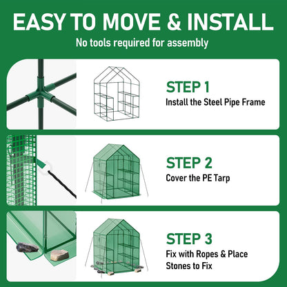 Fatazoii 56×56×78Inch Walk-in Greenhouse for Outdoors with Screen Windows, Heavy Duty Small Plant House with Thicken PE Cover and Steel Shelves, Portable Green House for Outside Garden Winter, Green
