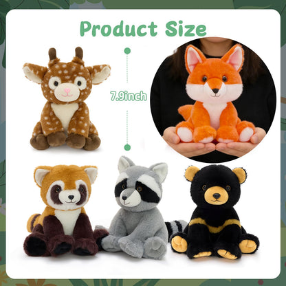 MaoGoLan 5 Pcs Woodland Animals Bulk Stuffed Woodland Toys Baby Shower Party Decorations, 8'' Grizzly Bear Deer Fox Raccoon Red Panda Forest Party Favors Gifts Mother's Day