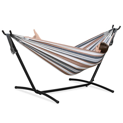 PNAEUT Double Hammocks with Stand for Outside, Portable Space Saving Heavy-Duty Steel Frame for Indoor Outdoor Patio Yard, Easy Assembly, 2 Person 450 lbs Capacity (Coffee)