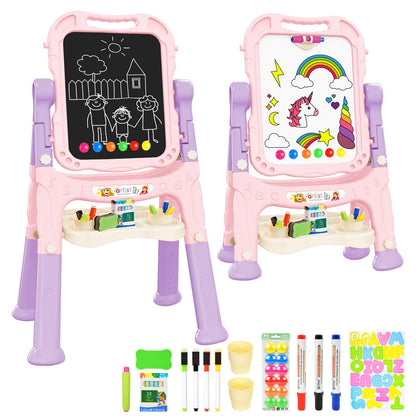 Kids Art Easel, Adjustable Drawing Whiteboard & Chalk Board, Double Sided Toddler Easel with Painting Accessories, Birthday Gift Toy for Little Girls Boy Age 2 3 4 5 (Pink)