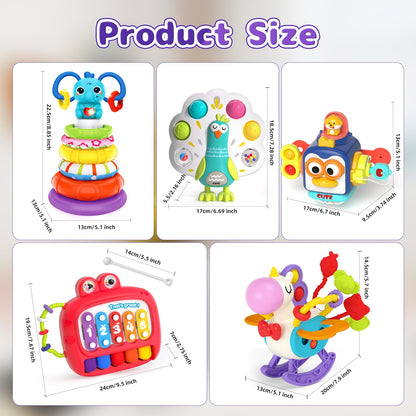 usrela 5 in 1 Baby Toys for 12 18 Month, Learning Toy for Babies 12-18 Months, Baby Busy Cube, Stacking&Sensory, Pull String&Piano Xylophone Toy, Birthday Gift for 12+ Month