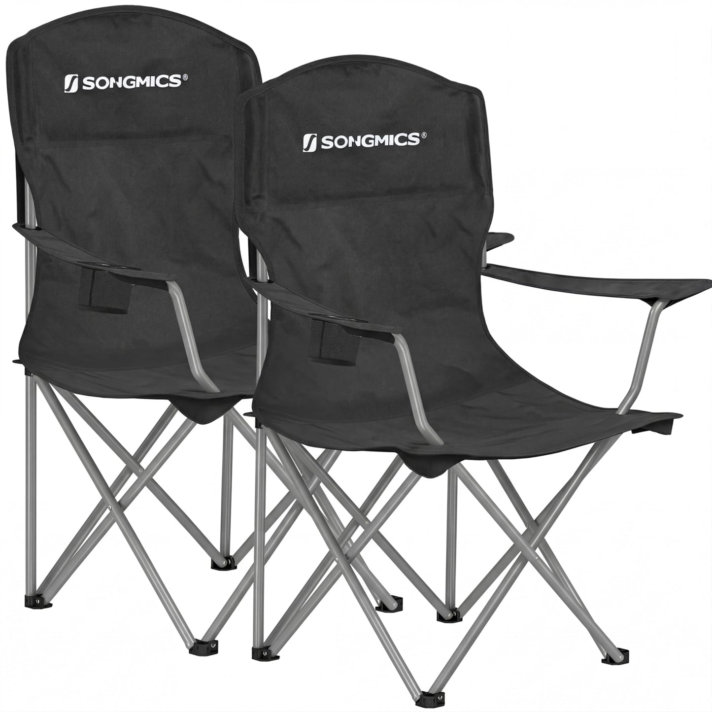 SONGMICS Set of 2 Folding Camping Chairs, Comfortable, Heavy Duty Structure, Max. Load Capacity 330 lb, Outdoor Chair with Cup Holder, for Camping, Garden, Fishing, Terrace, Black UGCB08BK