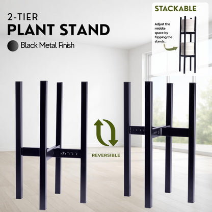 Adjustable 2-Tier Metal Plant Stand Indoor Outdoor- Set of 2 stackable plant shelfs. Heavy Duty Plant stands outdoor rustproof. Flower stand suitable for 8–12 Inch Pots by iSpaces