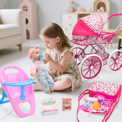deAO Baby Doll Stroller Set Baby Doll Accessories Playset Pretend Play Toys with 12" Baby Doll,Foldable Stroller,2 Sets Doll Clothes High Chair Christmas Birthday Gift for Toddler Girls 3-7